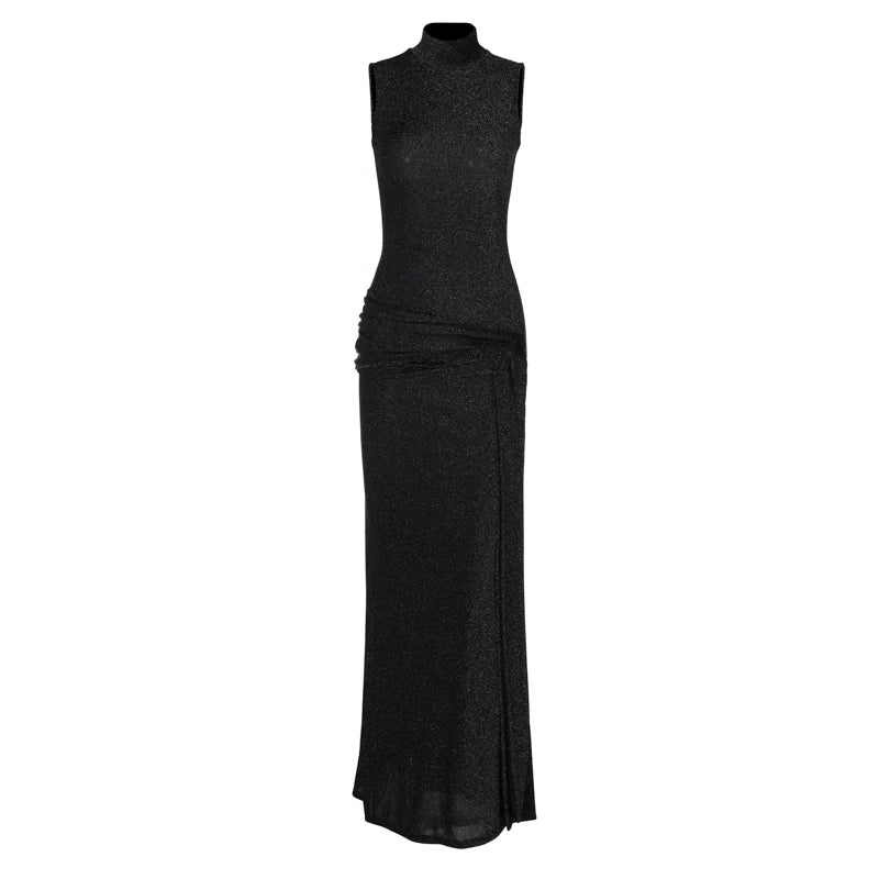 Lorbrv| European-American Black Silk Sleeveless Knee-Length Dress for Women