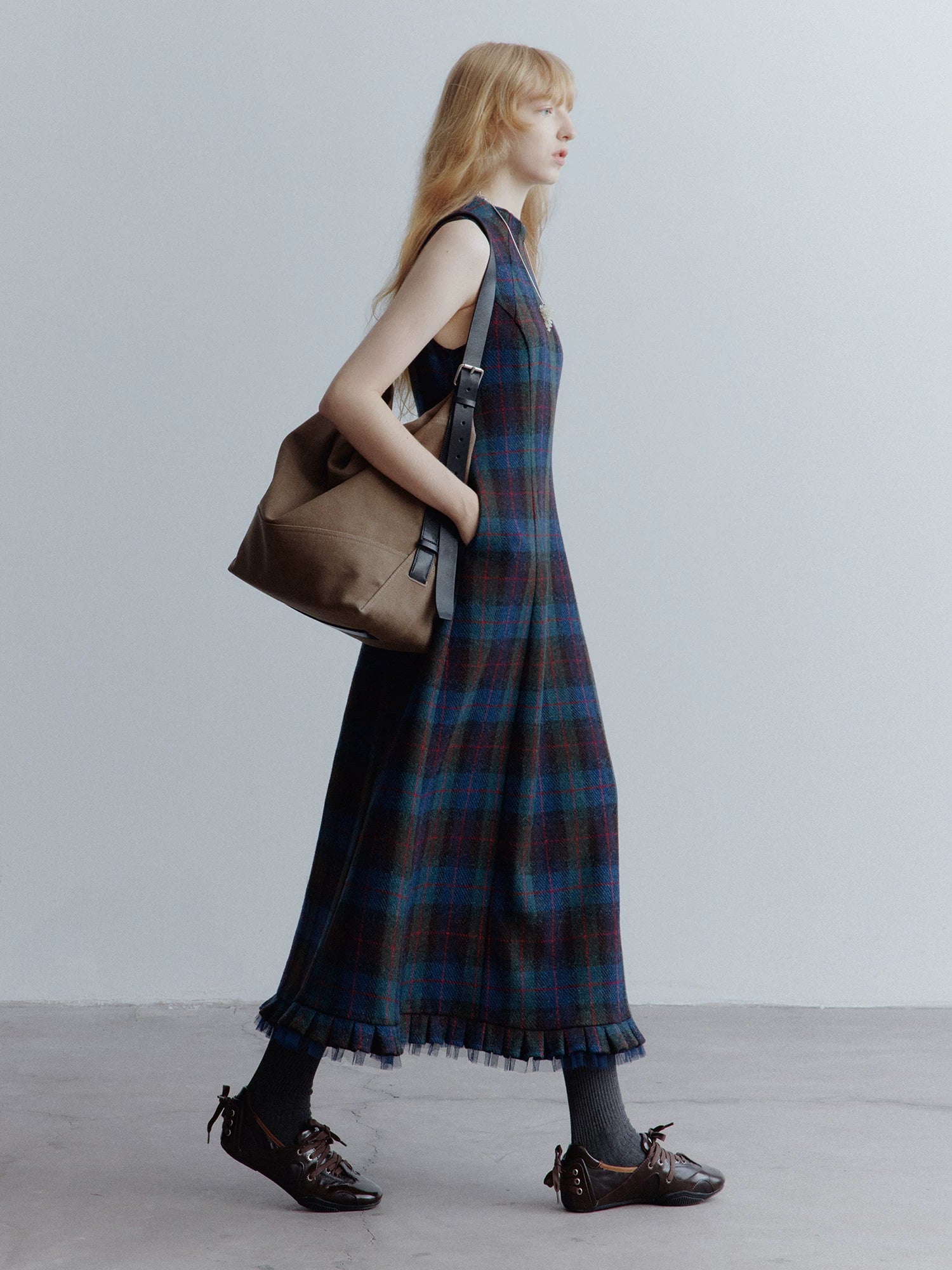Lorbrv | Blue Plaid Wool Dress with Mesh Stitching and Skirt Layering for Women