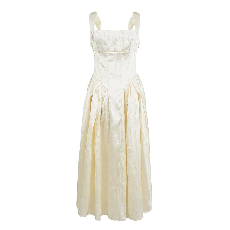 Lorbrv | French High-End Lustrous Suspender Midi Dress with Waist-Defining Fit