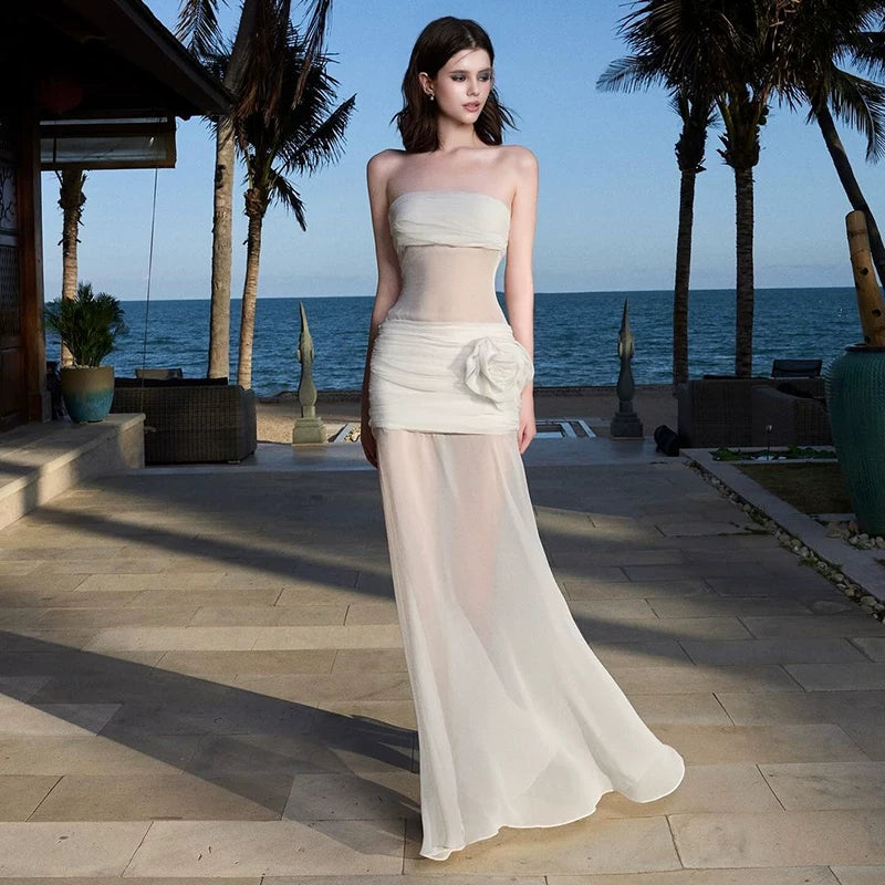 Lorbrv| Holiday Strapless Mesh Maxi Dress with Waist-Defining Fit for Women