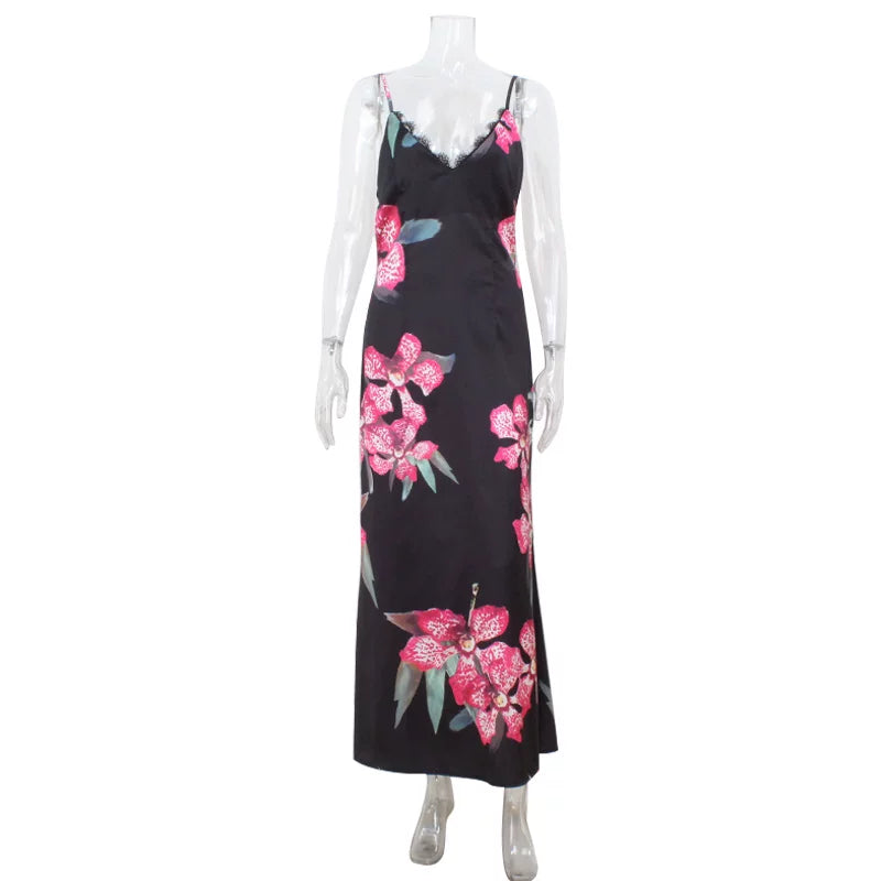 Lorbrv | European-American V-Neck Lace Spliced Suspender Dress with Back Slit for Women