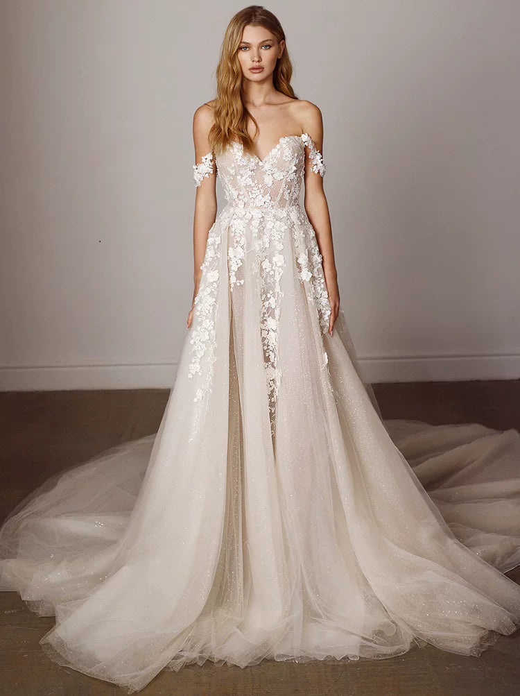 Lorbrv | French Fairy One-Shoulder Lace Wedding Dress with Trailing Slim Silhouette