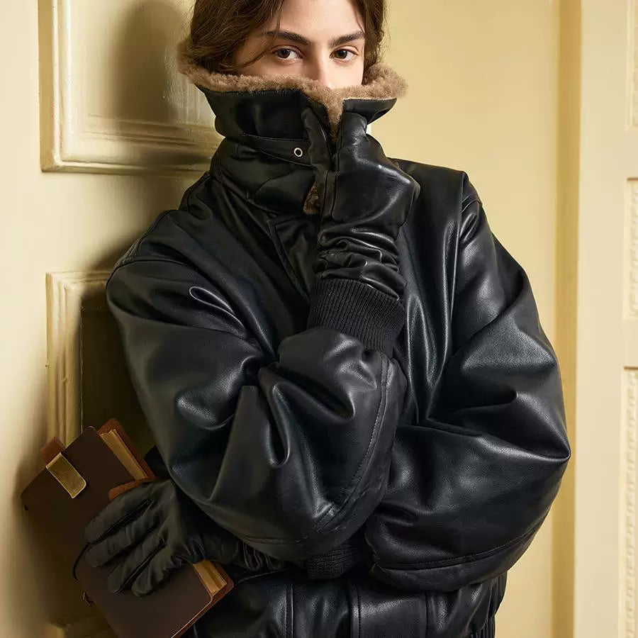 Lorbrv | Retro Short Leather Biker Jacket with Fur One-Lapel