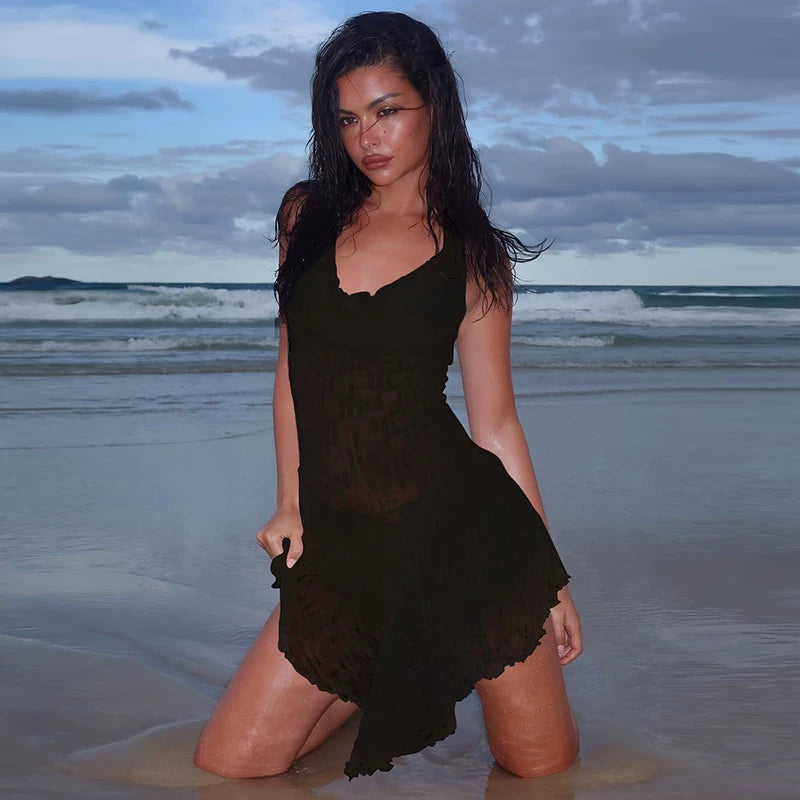 Lorbrv | Pure Sexy Semi-Sheer Jacquard Lace Halter Neck High-Waist Mini Dress for Women