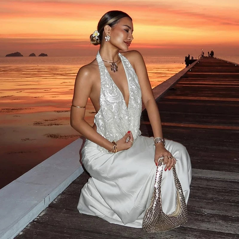 Lorbrv | Romantic Galaxy Sunset Hanging Neck Suspender Dress for Women, Versatile Dinner Style