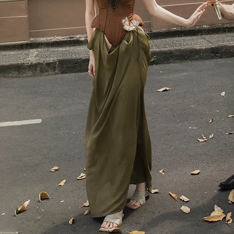 Lorbrv| Elegant Brown Mesh Belted Suspender Maxi Dress for Women