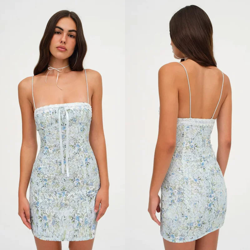 Lorbrv| French Sexy Blue Floral Lace Strapless Bodycon Dress for Women