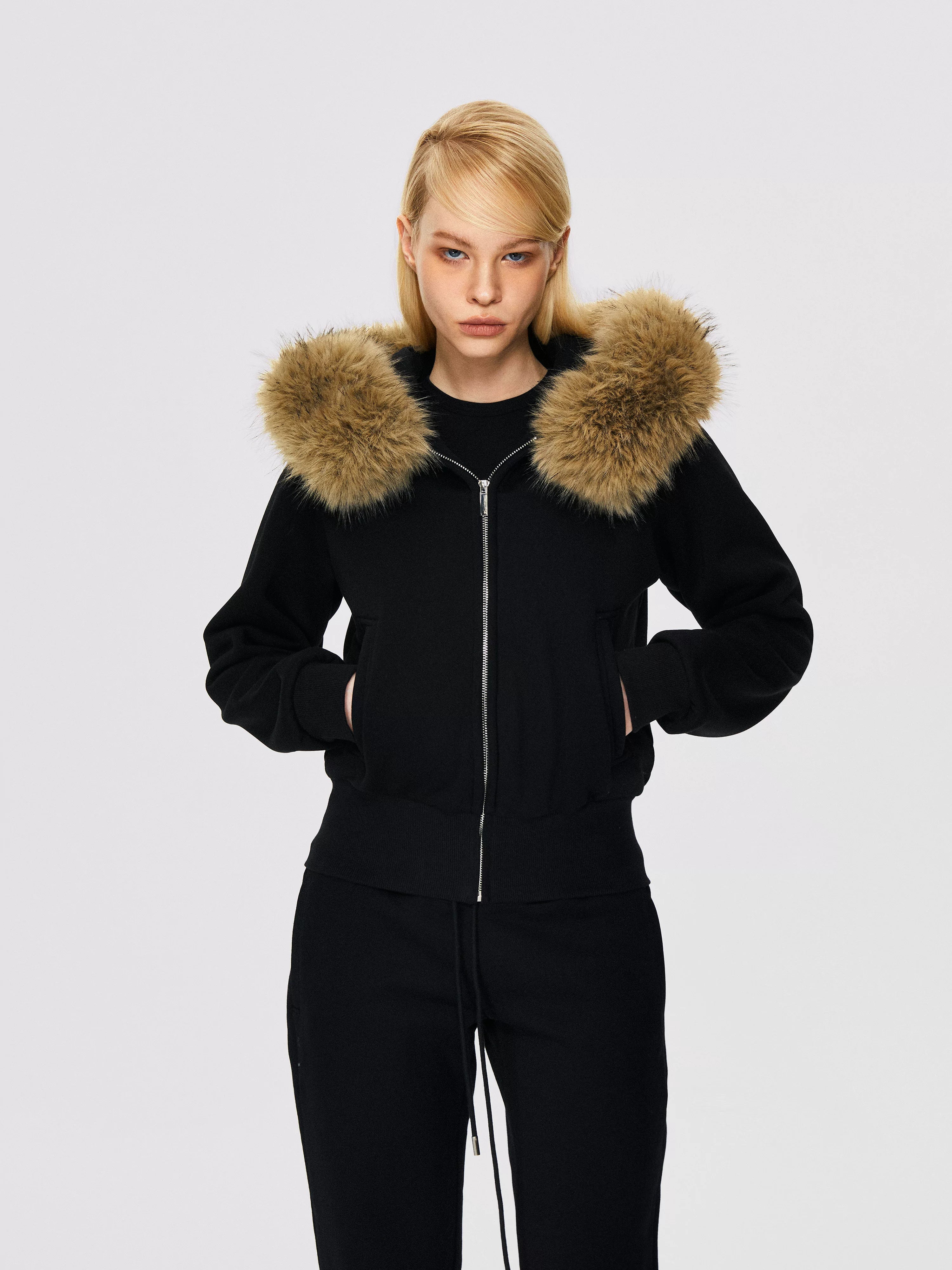 Lorbrv | Fur-Lined Hooded Zipper Sweatshirt Jacket for Women