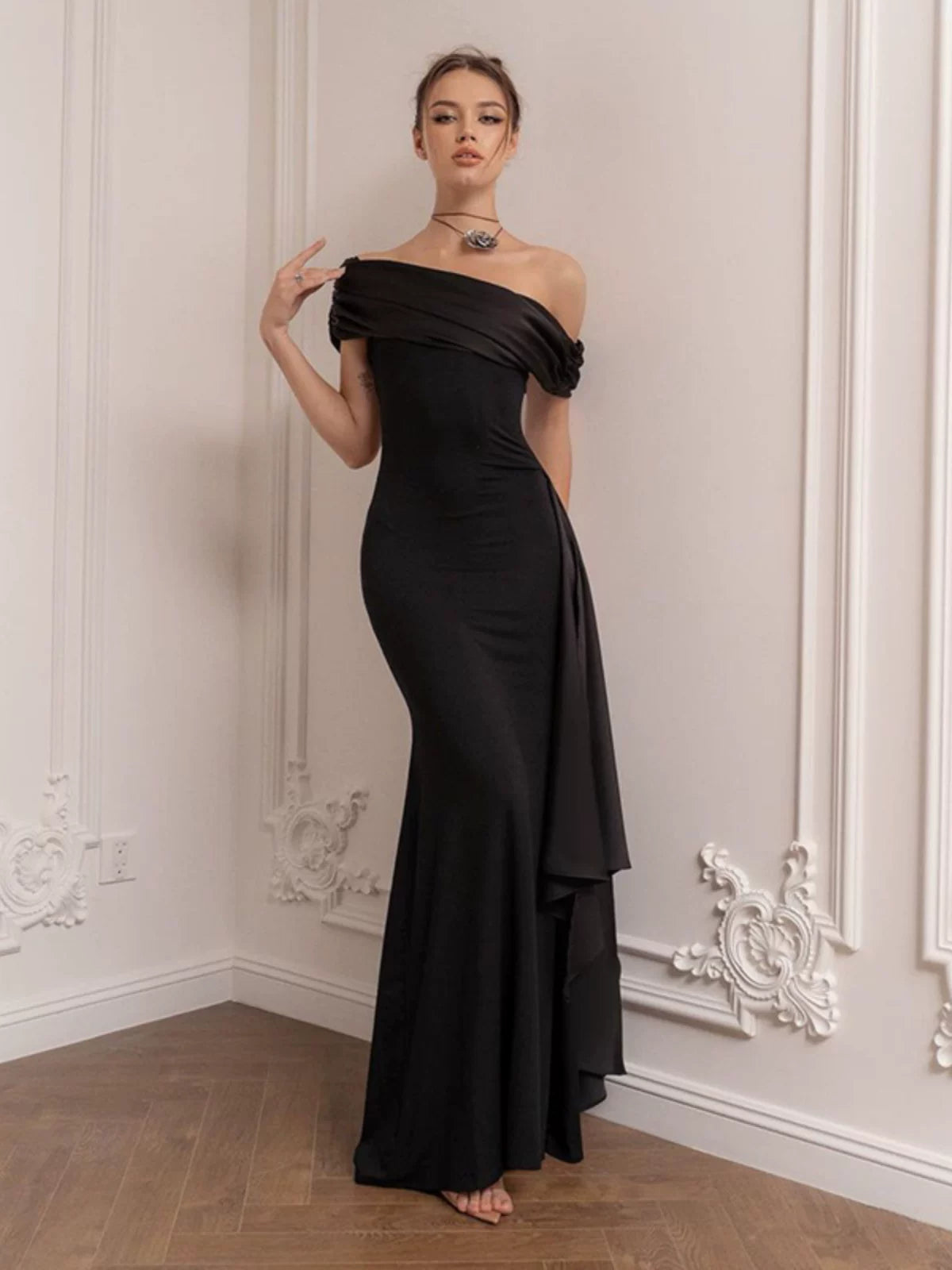Lorbrv | European-American One-Shoulder Black Evening Dress for Women, Long Slim Dinner Party Gown