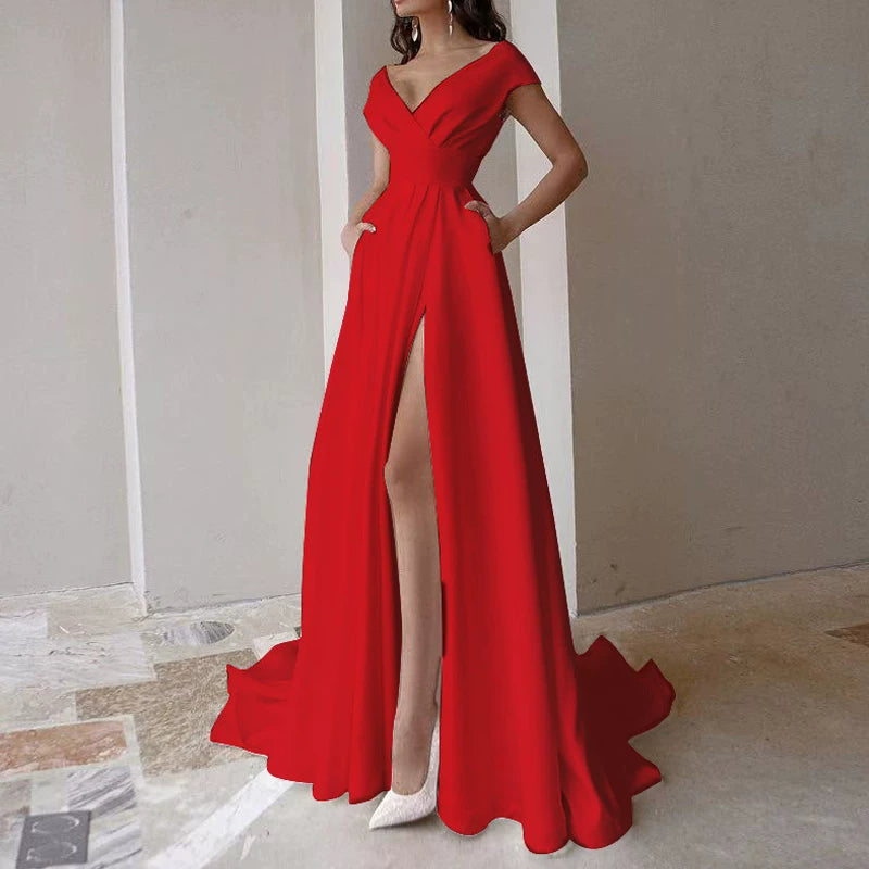 Lorbrv | Ladylike V-Neck Backless Waist-Defining Maxi Dress for Dinner Parties