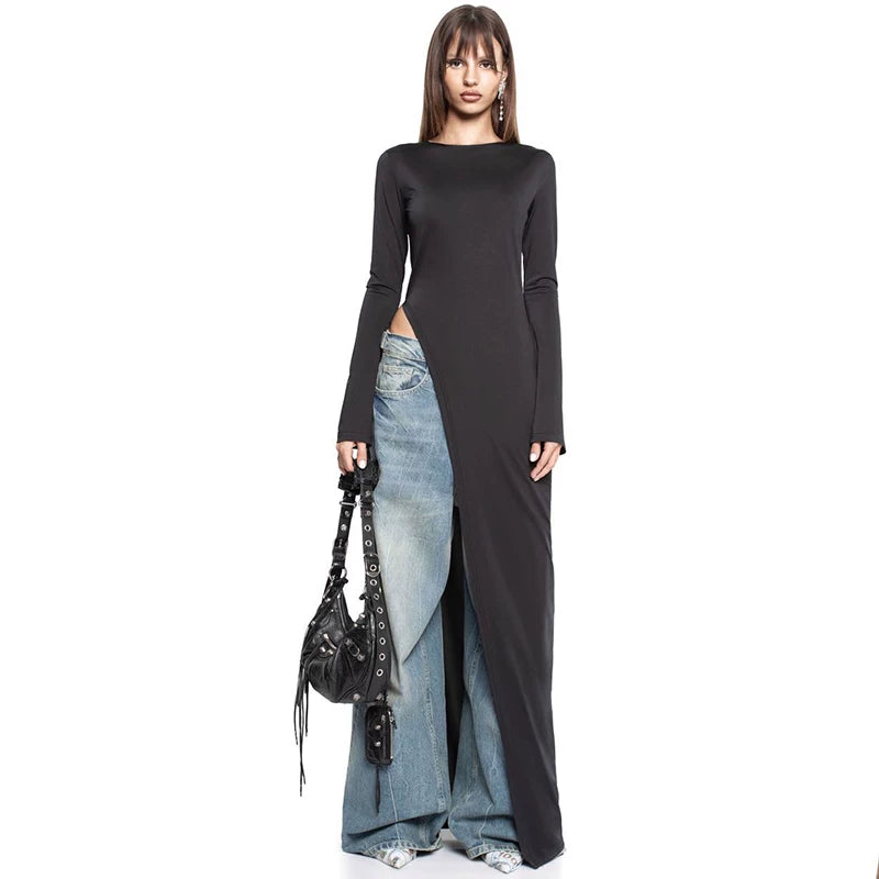 Wcoumq | Slit Design Long-Sleeve Mid-Length Top for Women – Trendy Gusty Street Fashion Hot Girl Style Irregular T-Shirt