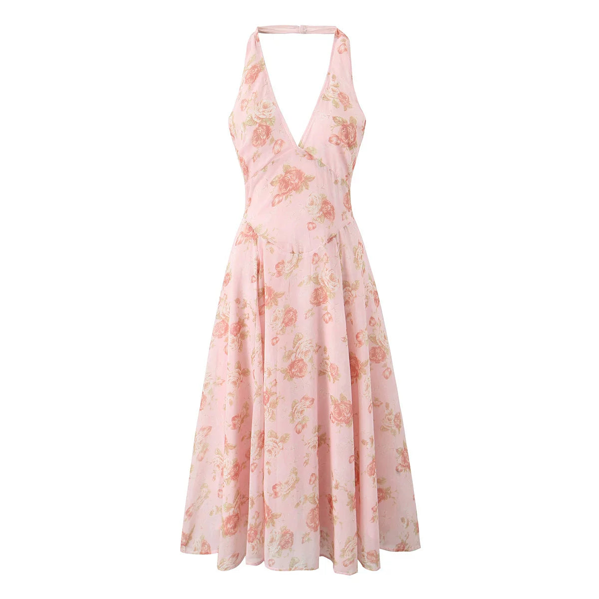 Lorbrv | French Fairy Blue Jacquard V-Neck Backless Halter Holiday Dress for Women