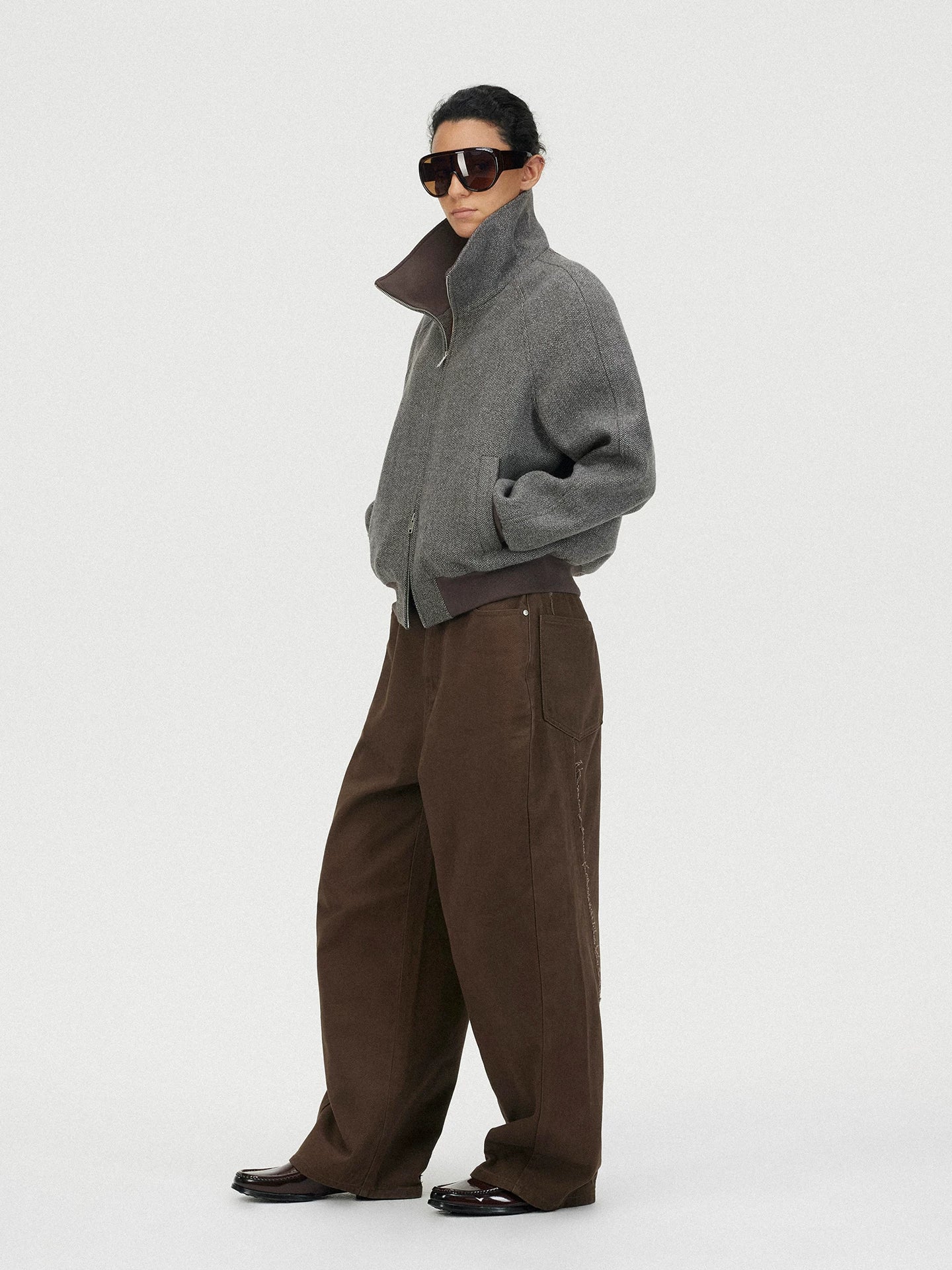 Lorbrv | Herringbone Wool High-Collar Curved Shoulder Jacket