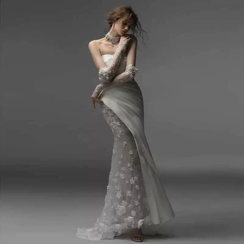 Lorbrv | White Tube Top Light Luxury Wedding Dress with Fishtail Skirt