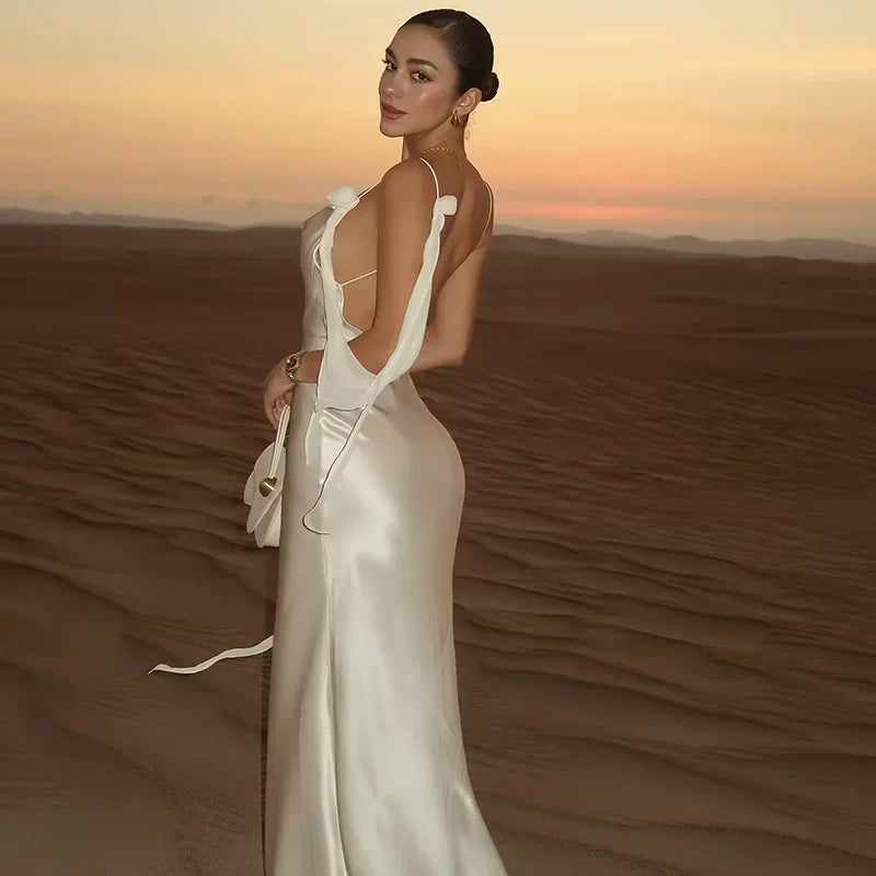 Lorbrv | French Satin Backless Holiday Slip Dress with Floral Detail
