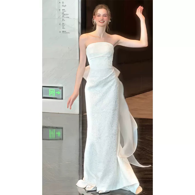 Lorbrv | French Tube Top White Lace Wedding Dress with Forest Style Elegance