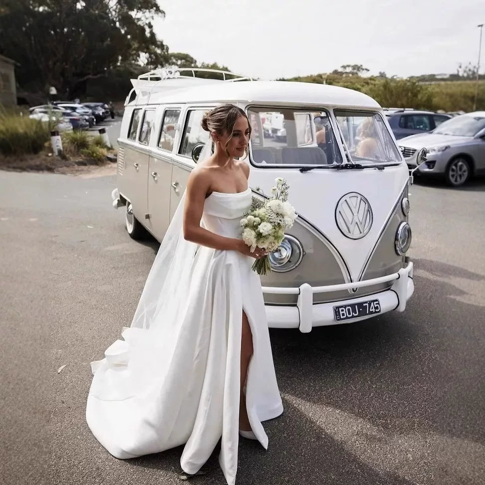 Lorbrv | Strapless French Satin Wedding Dress with Light Tail and Veil