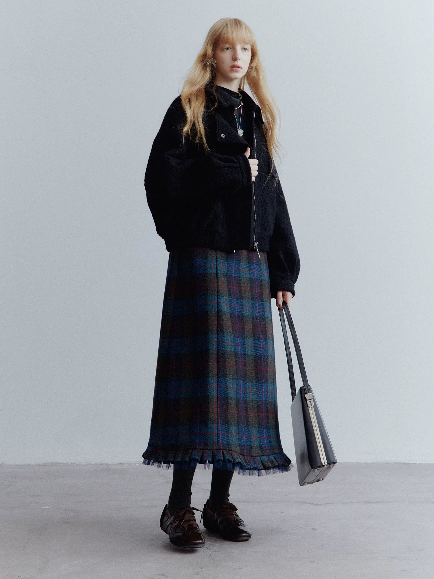 Lorbrv | Blue Plaid Wool Dress with Mesh Stitching and Skirt Layering for Women