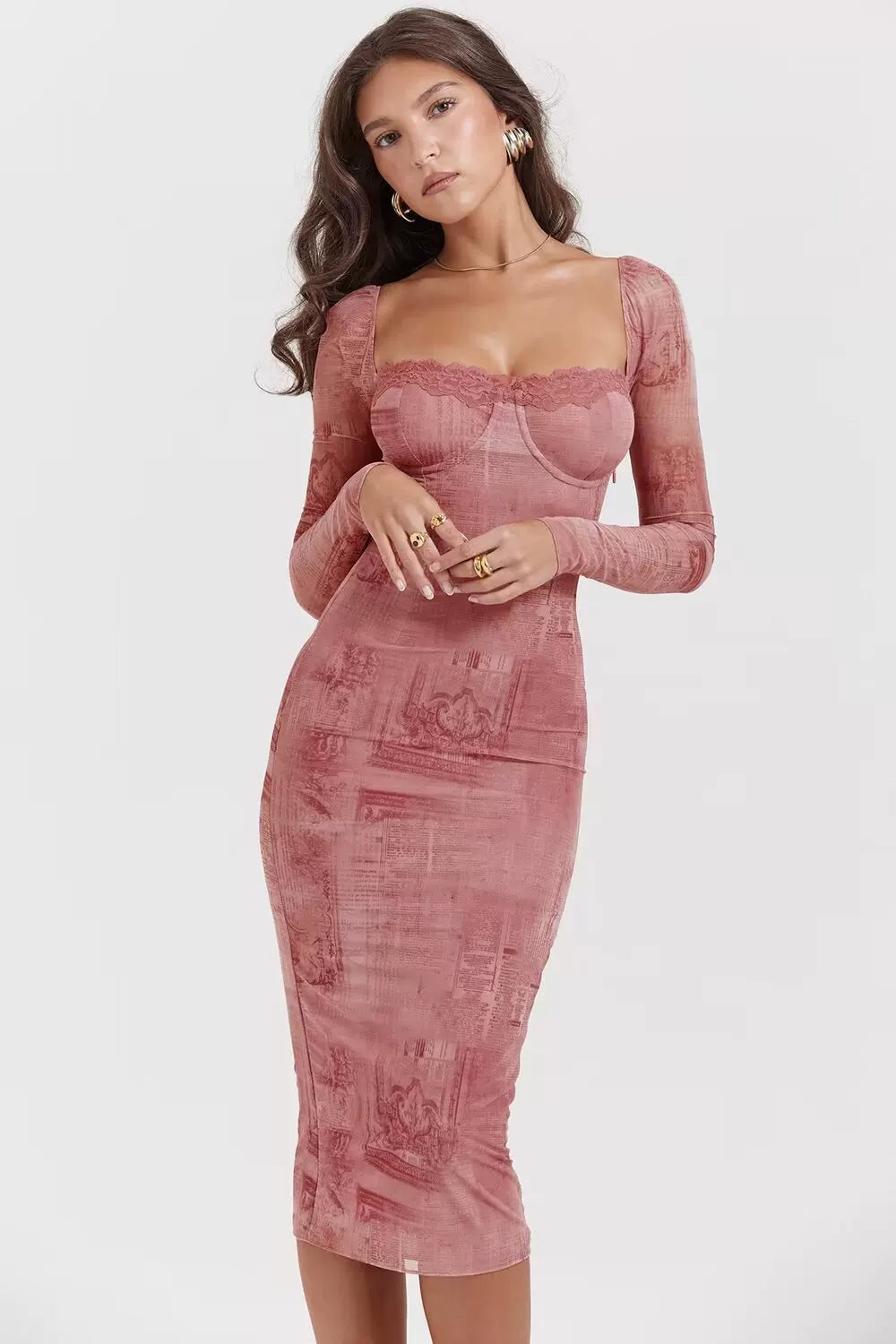 Lorbrv| French Retro Lace Printed Bodycon Dress for Women