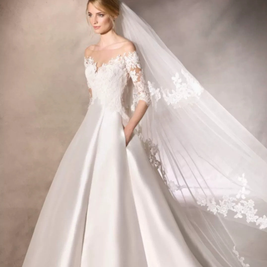 Lorbrv | Satin One-Shoulder French Forest-Inspired Wedding Dress with Lace Trailing Skirt