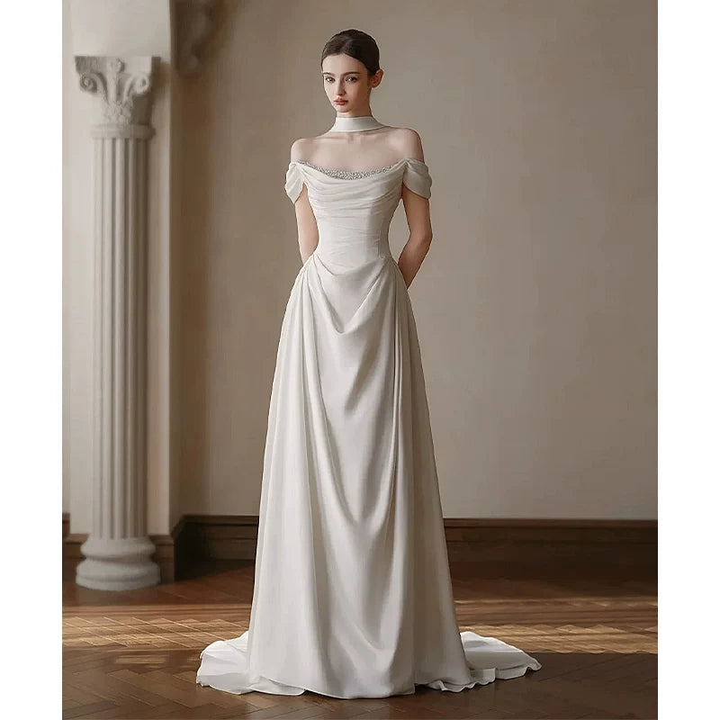 Lorbrv | French One-Shoulder Light Luxury Wedding Dress with Satin Trailing Skirt