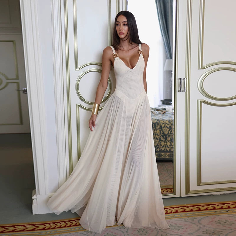 Lorbrv | European-American Retro Mesh Spliced Suspender Maxi Dress for Summer Vacation