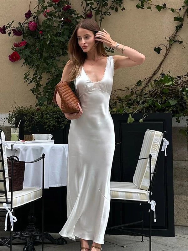 Lorbrv| French Romantic Lace & Satin Deep V-Neck Suspender Maxi Dress for Women