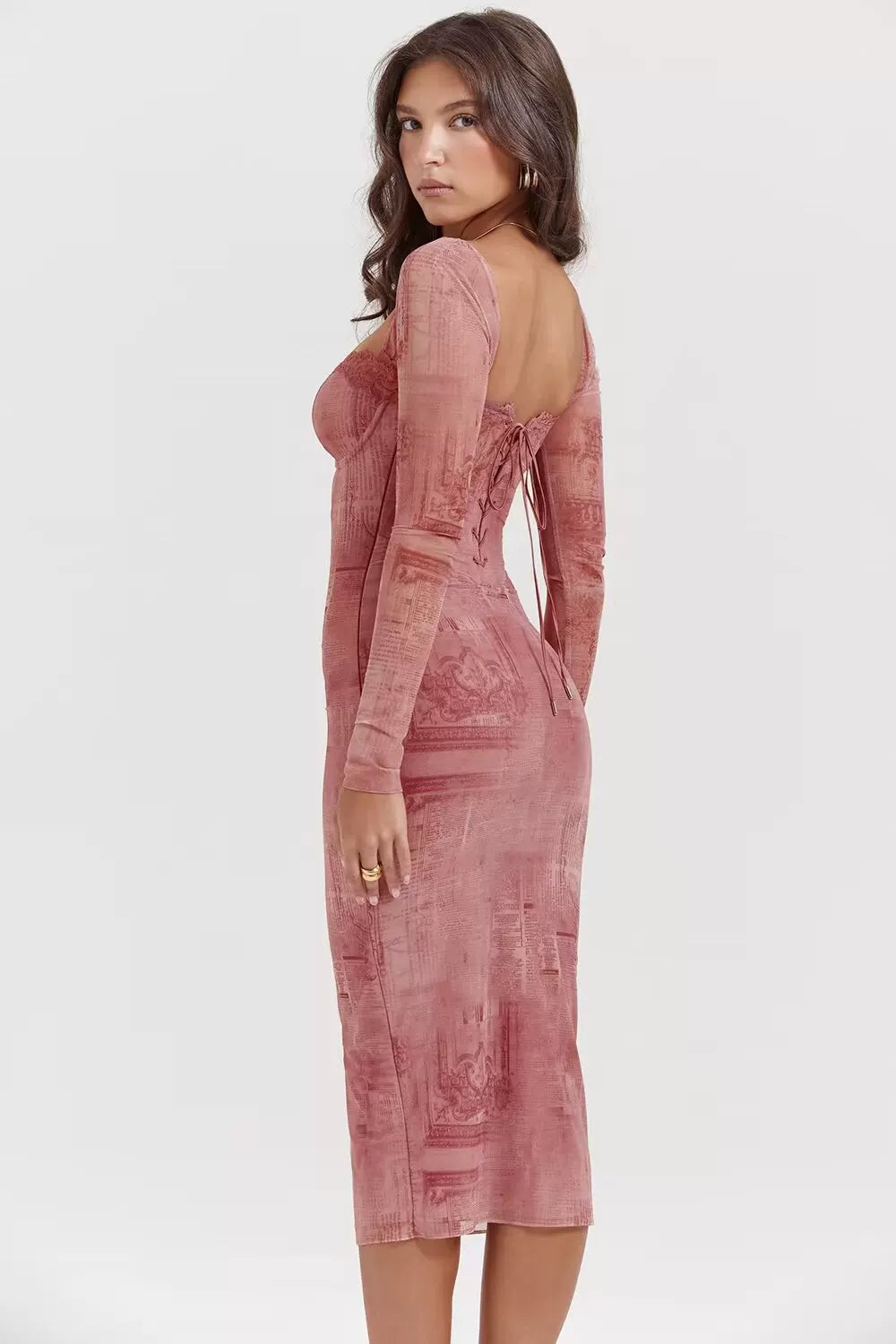 Lorbrv| French Retro Lace Printed Bodycon Dress for Women