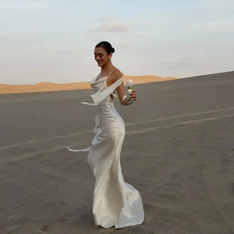 Lorbrv | French Satin Backless Holiday Slip Dress with Floral Detail