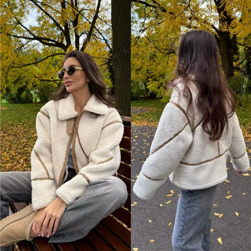 Lorbrv| American Retro Motorcycle Jacket with Contrast Fleece Lapel