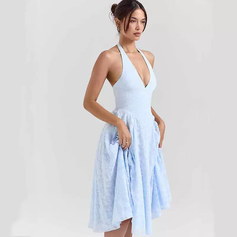 Lorbrv | French Fairy Blue Jacquard V-Neck Backless Halter Holiday Dress for Women