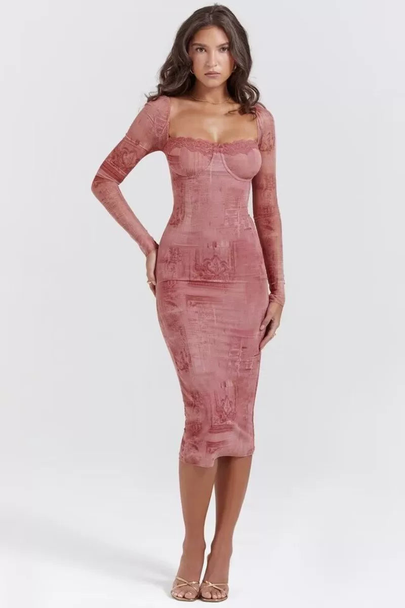 Lorbrv| French Retro Lace Printed Bodycon Dress for Women