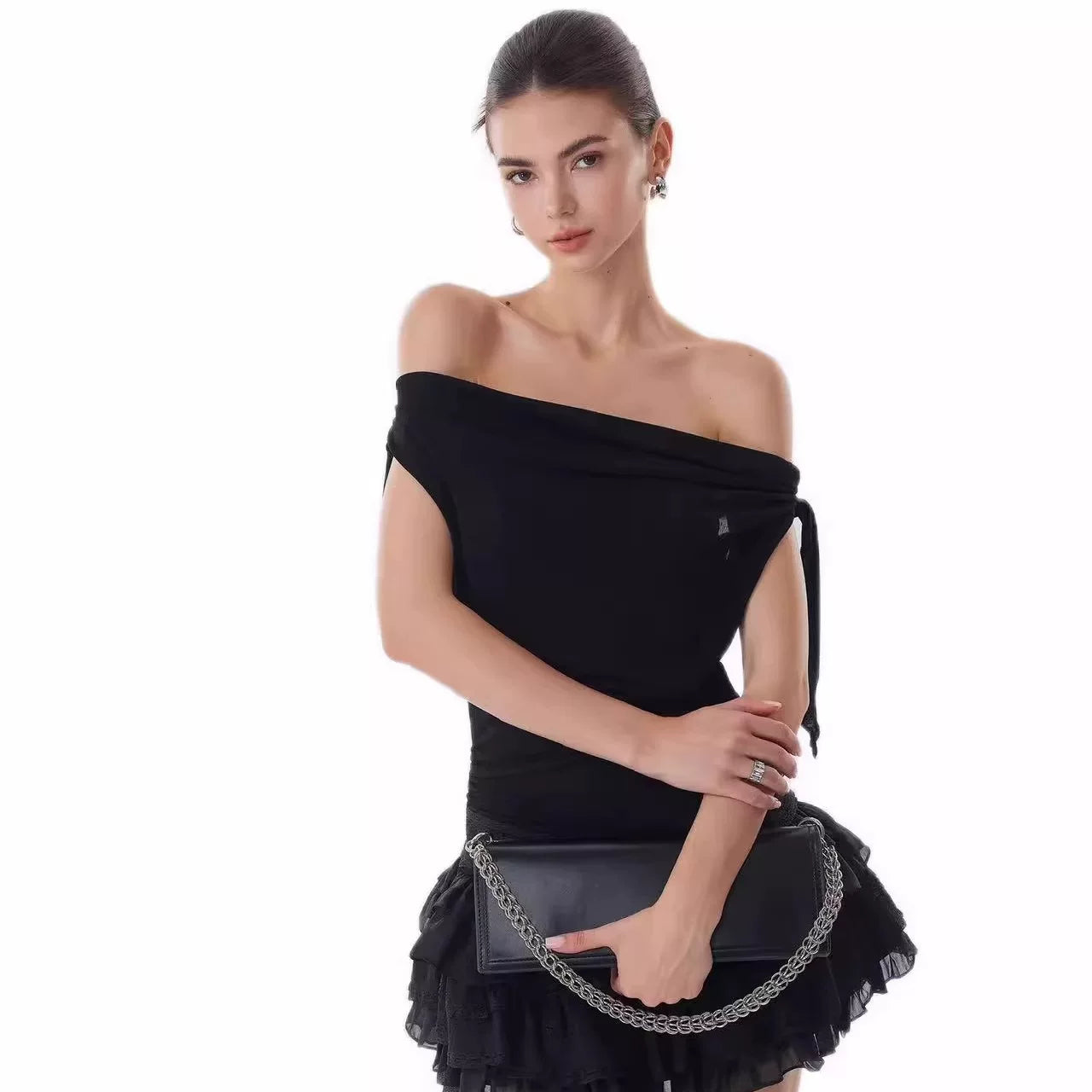 Lorbrv| Black Ribbon Off-Shoulder Slim Mini Dress for Women