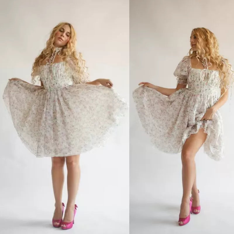 Lorbrv | French Pastoral Square Neck Puff Sleeve Tea Dress