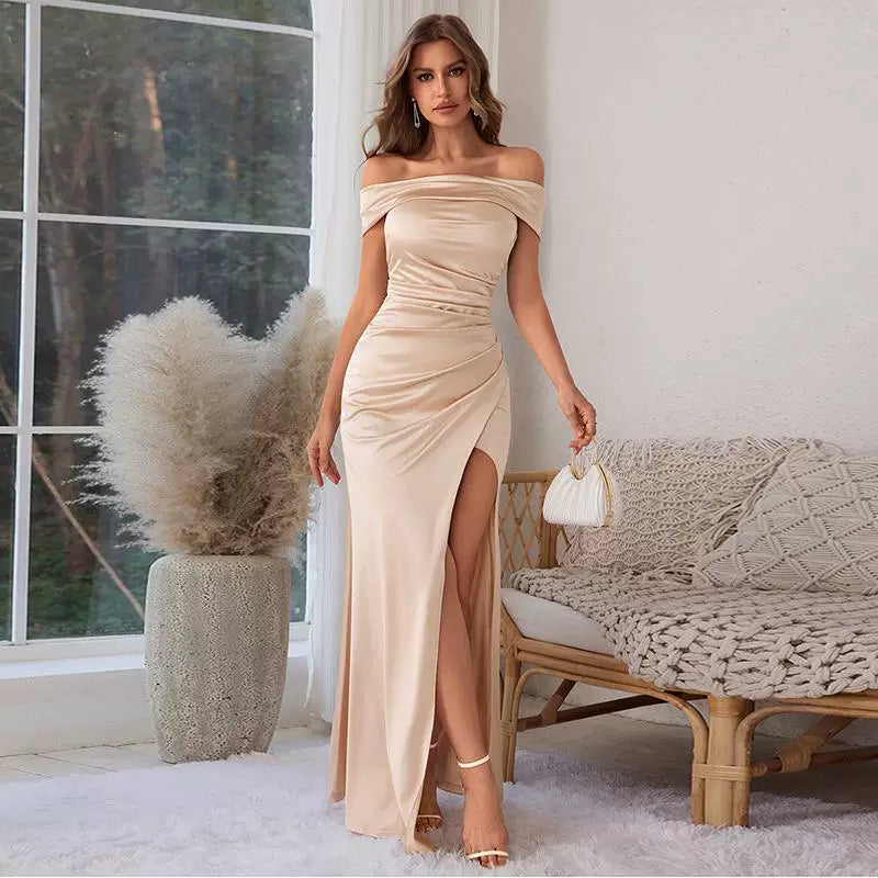 Lorbrv | European-American One-Shoulder Satin Dress with Slit and Slim Long Skirt