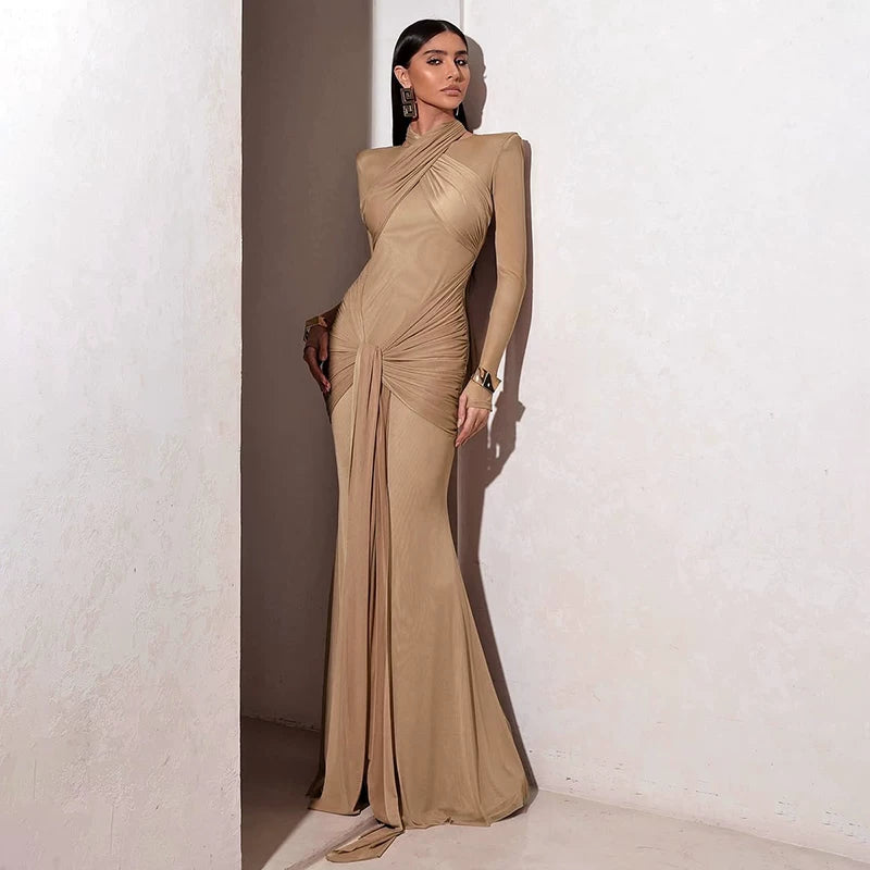 Lorbrv | Greek Goddess Style Cross Halter Pleated Long-Sleeve Dress with Ribbon Hip Skirt