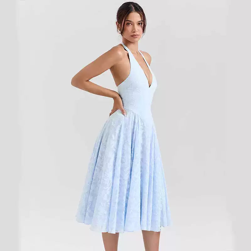 Lorbrv | French Fairy Blue Jacquard V-Neck Backless Halter Holiday Dress for Women