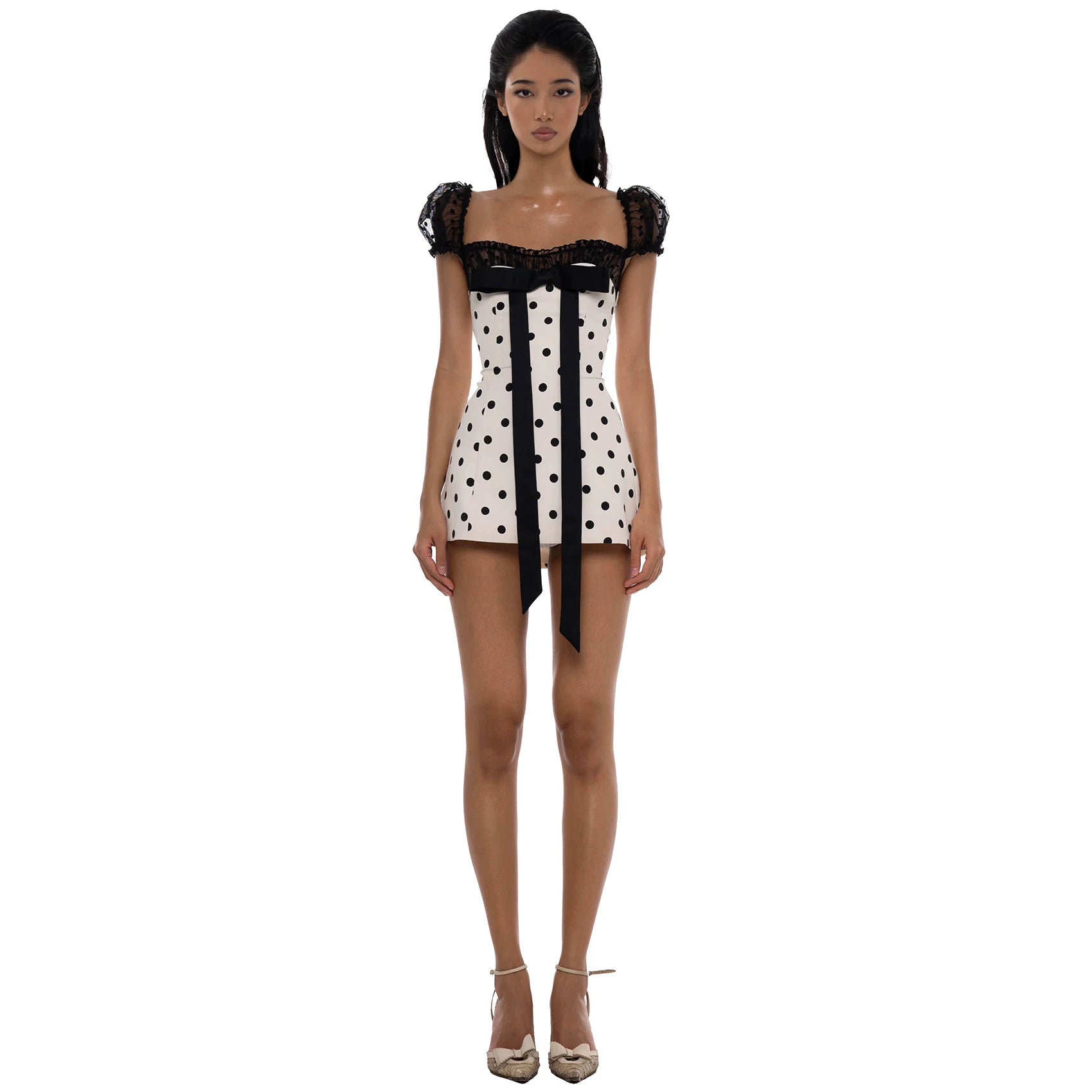 Lorbrv| French Polka Dot Lace Bow Square Neck Mini Dress for Women