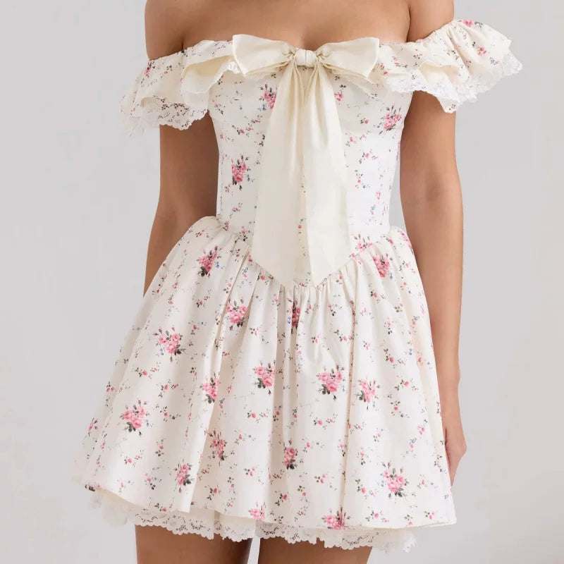 Lorbrv| French Sweet One Shoulder Floral Dress with Bow for Women