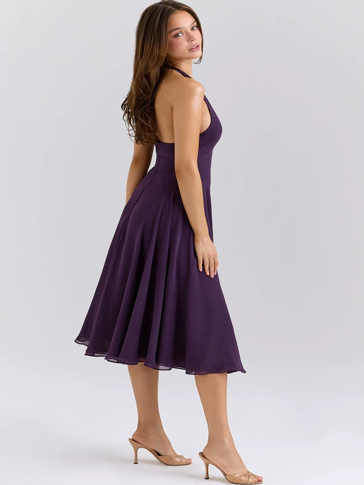 Lorbrv| French Romantic Purple Halter Neck Backless Deep V Dress for Women