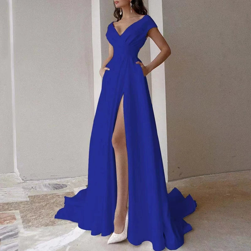Lorbrv | Ladylike V-Neck Backless Waist-Defining Maxi Dress for Dinner Parties
