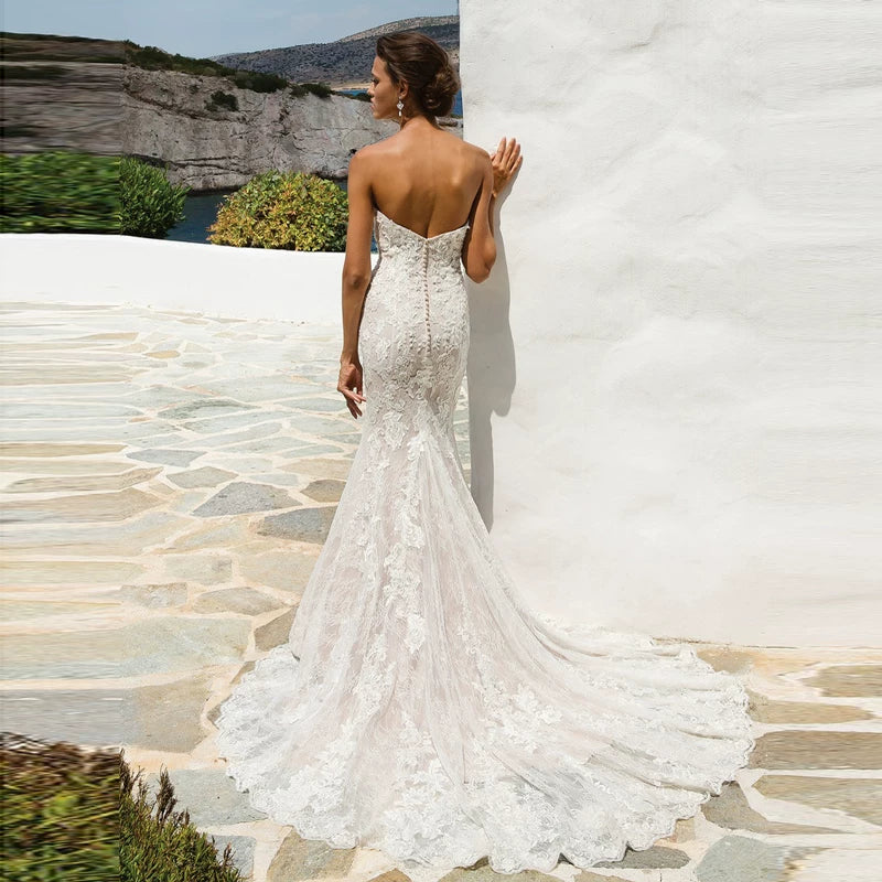 Lorbrv | French Tube Top Fishtail Wedding Dress with Slimming Lace Tail