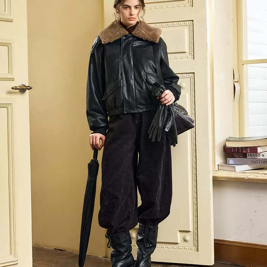 Lorbrv | Retro Short Leather Biker Jacket with Fur One-Lapel