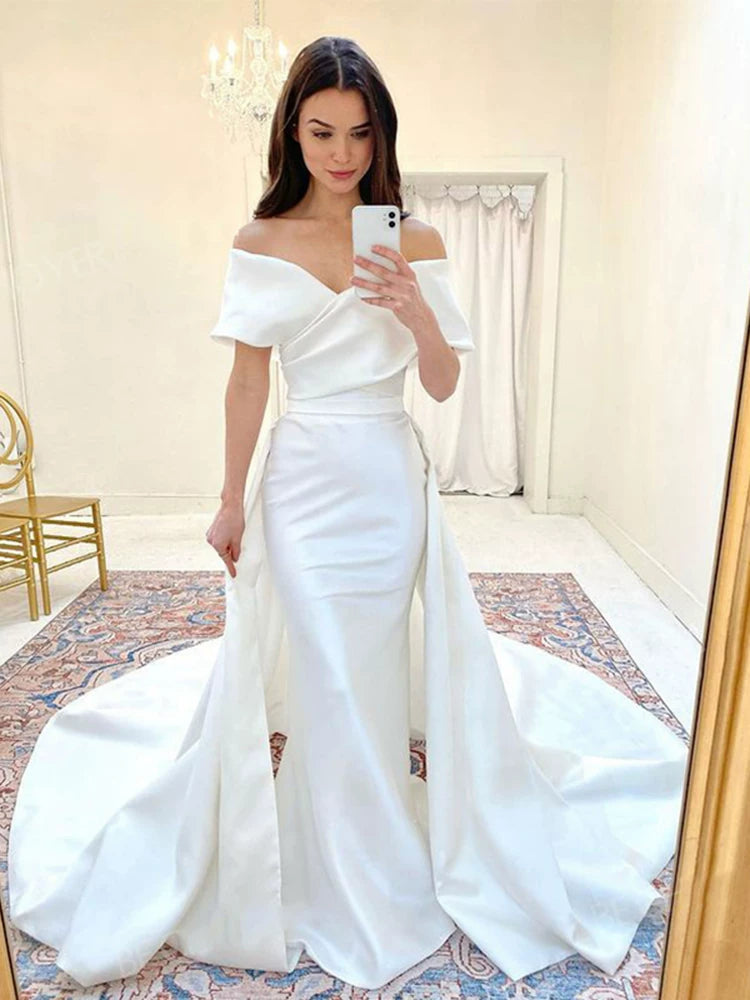 Lorbrv | French Satin One-Shoulder Wedding Dress with Long Elegant Tail