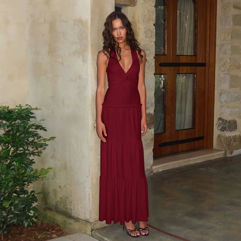 Lorbrv | Resort Style Twist Neck Backless Sleeveless Long Dress