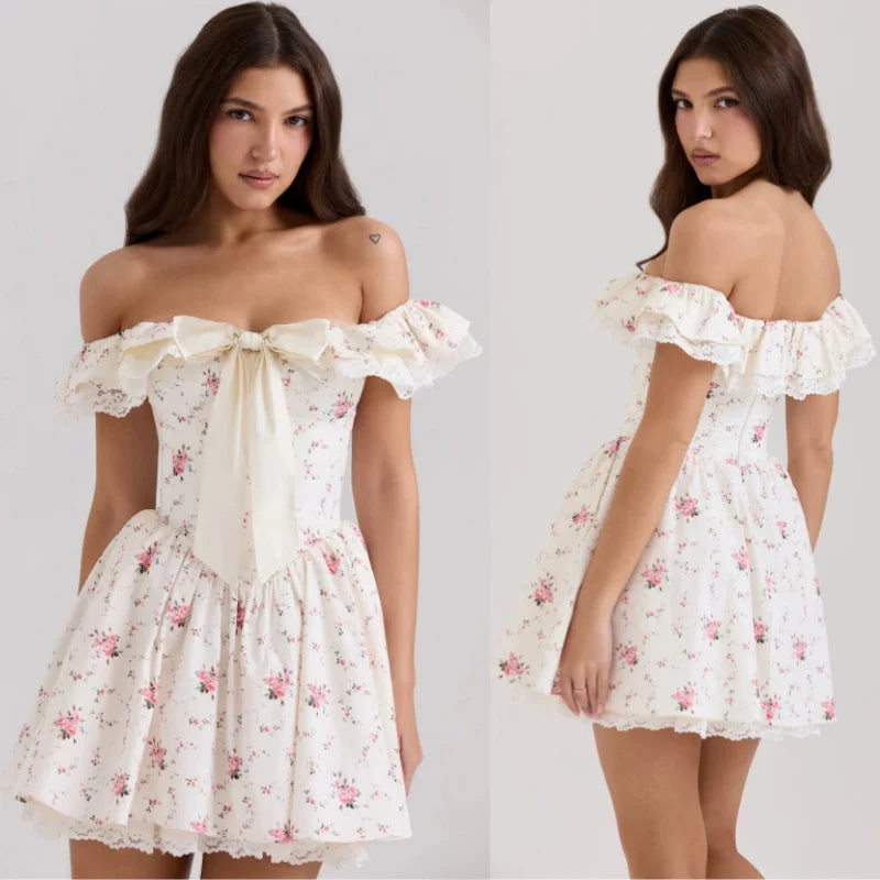 Lorbrv| French Sweet One Shoulder Floral Dress with Bow for Women