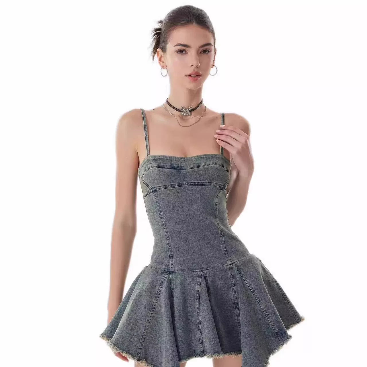 Lorbrv| American Retro Denim Suspender Mini Dress with Waist-Defining Fit