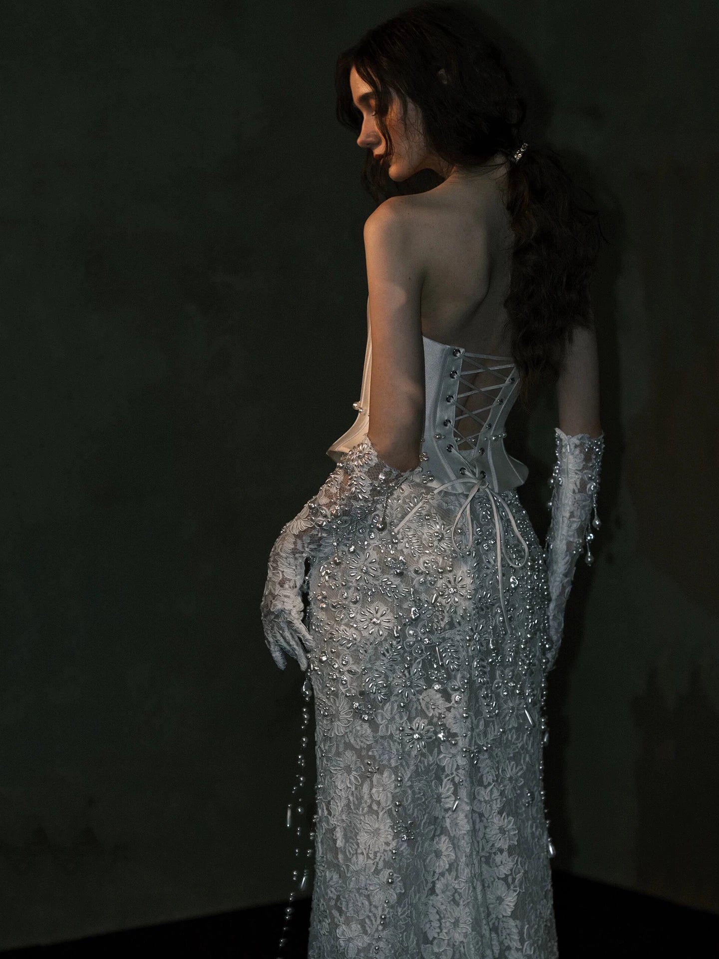 Lorbrv | French Tube Top White Pearl Lace Fishtail Wedding Dress