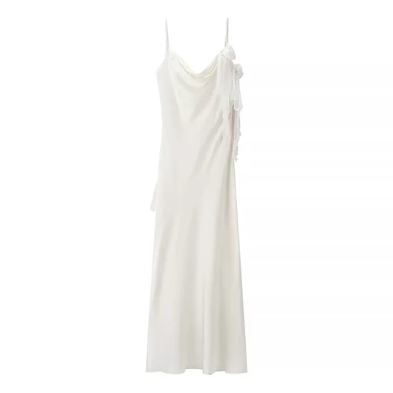 Lorbrv | French Satin Backless Holiday Slip Dress with Floral Detail
