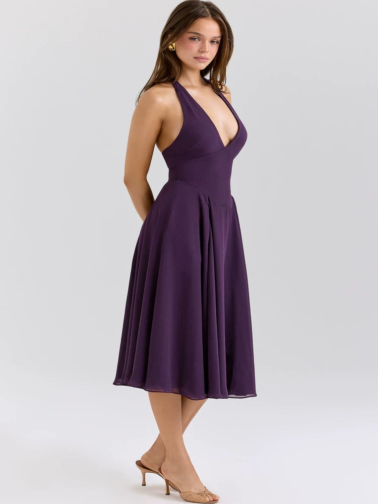 Lorbrv| French Romantic Purple Halter Neck Backless Deep V Dress for Women